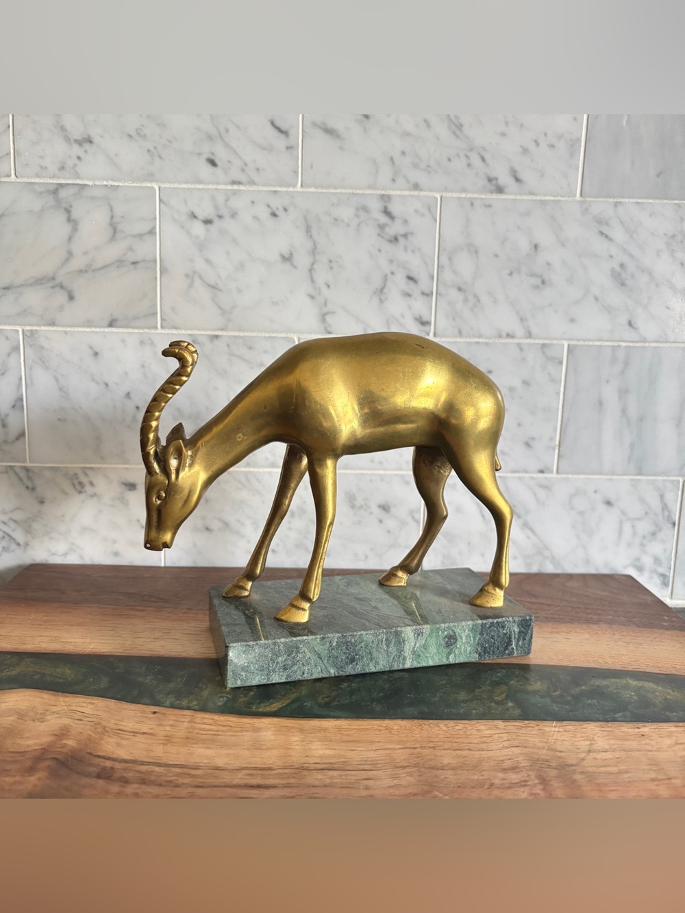 Vintage Brass Antelope Gazelle Deer Figurine Sculpture Paperweight on Stone Base